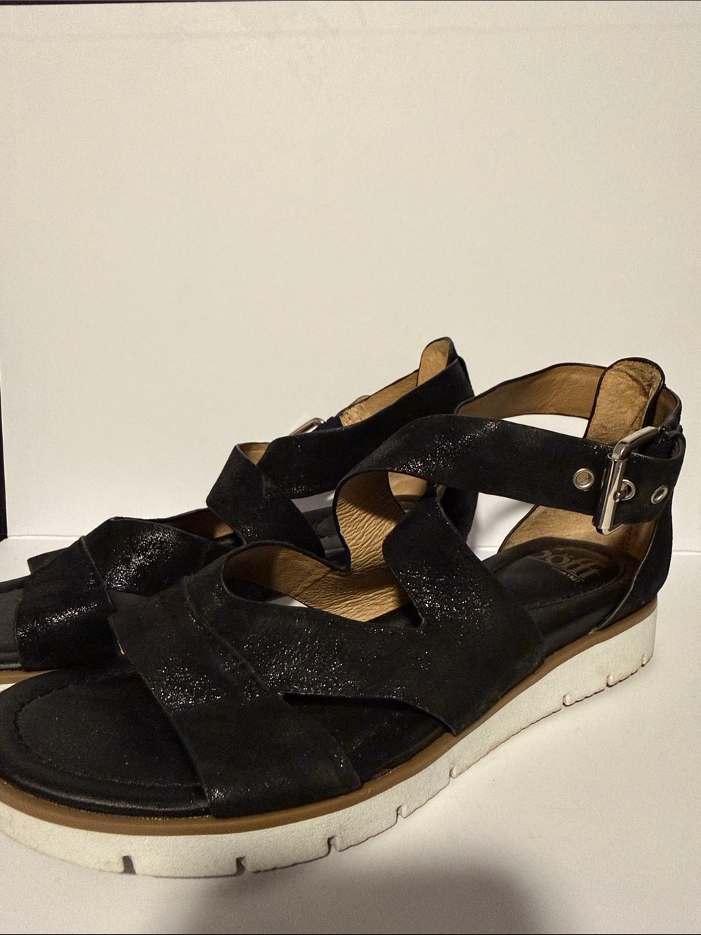 Sofft Black Metallic Women’s Gladiator Sandals with White Sole.